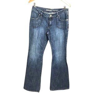 MOSSIMO Women Super Flare Bootcut Jeans Sz 8 Blue Distressed Low Rise 32" Inseam